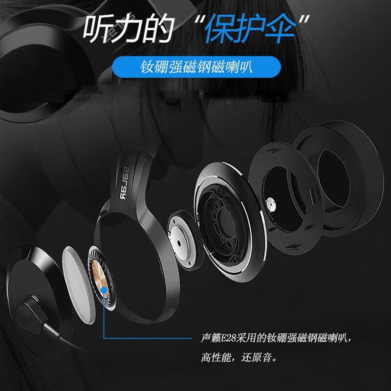 声籁E28 考试专用有线耳机 降噪头戴式网课学习 录音电教英语口语中考高考听力听说考试耳麦 3.5圆口双插头-双孔电脑听说考试