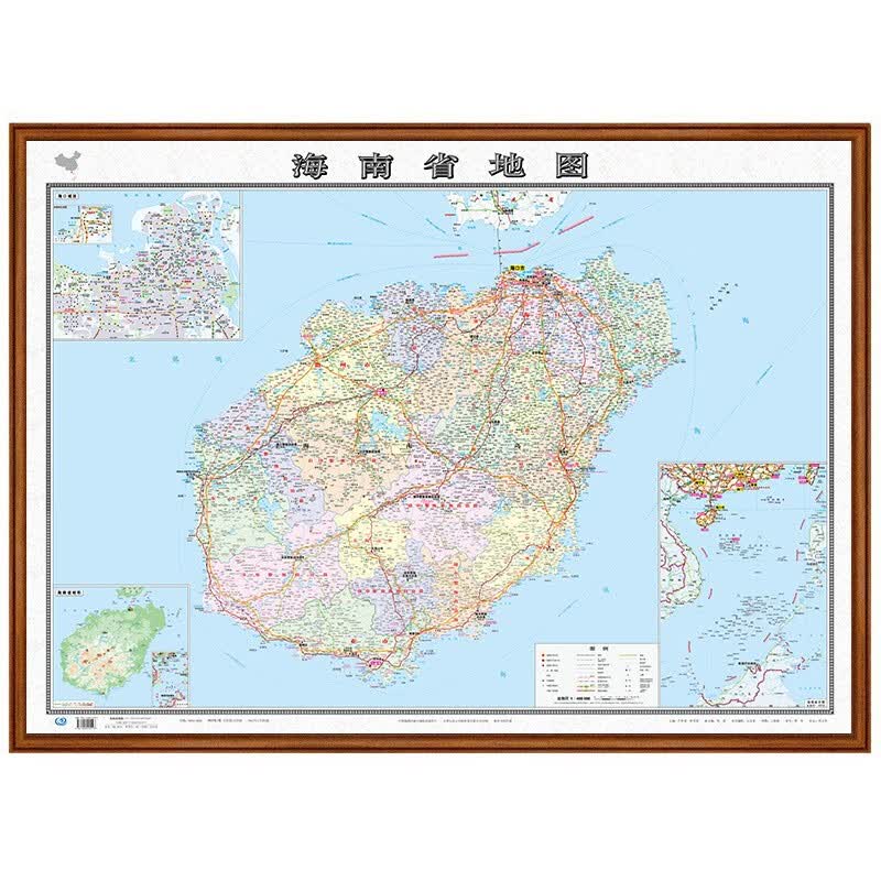 【定制边框】2022年 海南省地图 高清政区交通 地形附图 木框装裱 约1.1米*0.8米 胡桃色边框