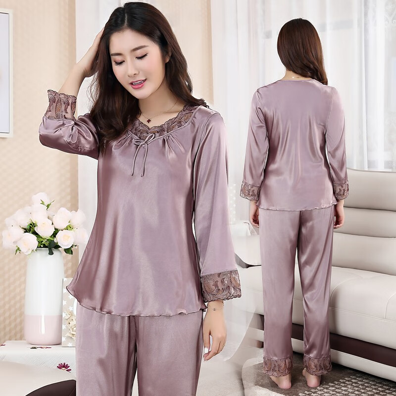 珂尔妮秋夏季冷气房薄款中年妇女士睡衣女夏冰丝长袖绸缎妈妈大码家居