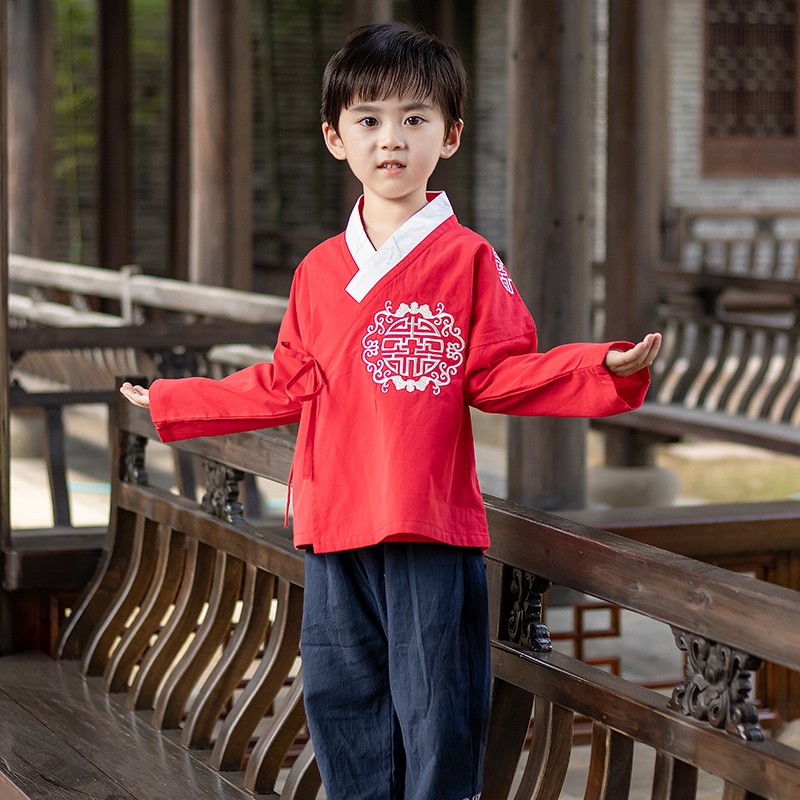 圆圆米米宝宝唐装拜年服春秋季棉麻中国风两件套汉服复古男孩儿童唐装