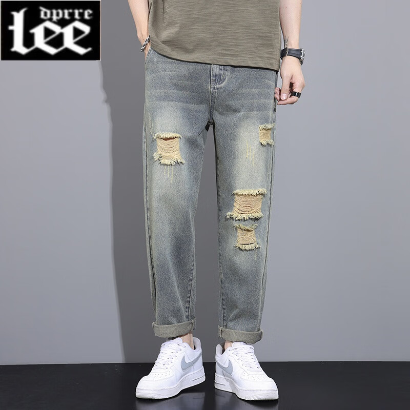 Lee dprre破洞牛仔褲男士夏季薄款潮牌寬松直筒九分褲美式高街復(fù)古休閑褲子 232復(fù)古藍(lán) 32