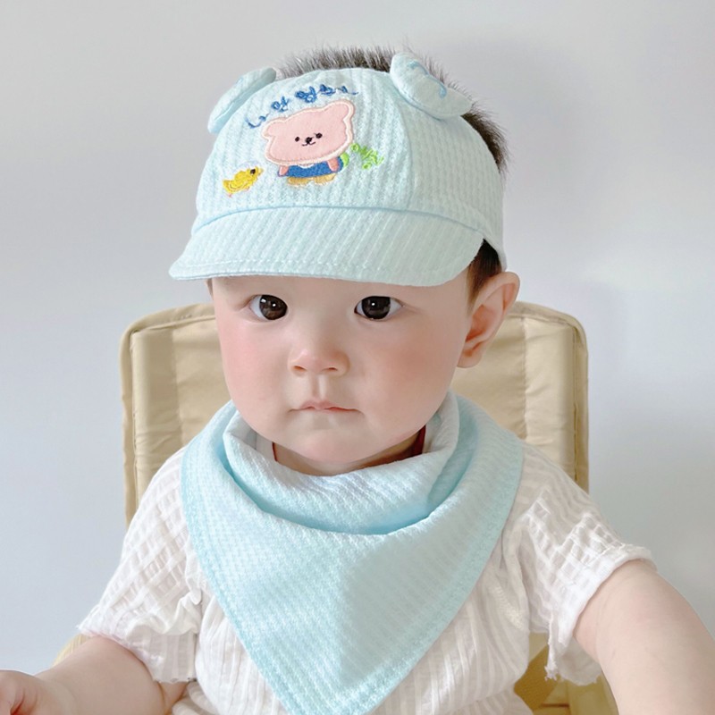 貝娜茜嬰兒帽子夏季薄款男女寶寶透氣嬰幼兒胎帽護鹵門氣門帽防曬遮陽空頂帽 1375-藍色 單買帽子 0-18個月（37-48CM）