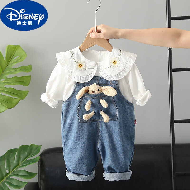 迪士尼（Disney）婴儿衣服春季一周岁宝宝秋装可爱卡通衬衫长袖背带裤小女孩两件套 白色小兔玩偶背带 80cm 建议0-1岁