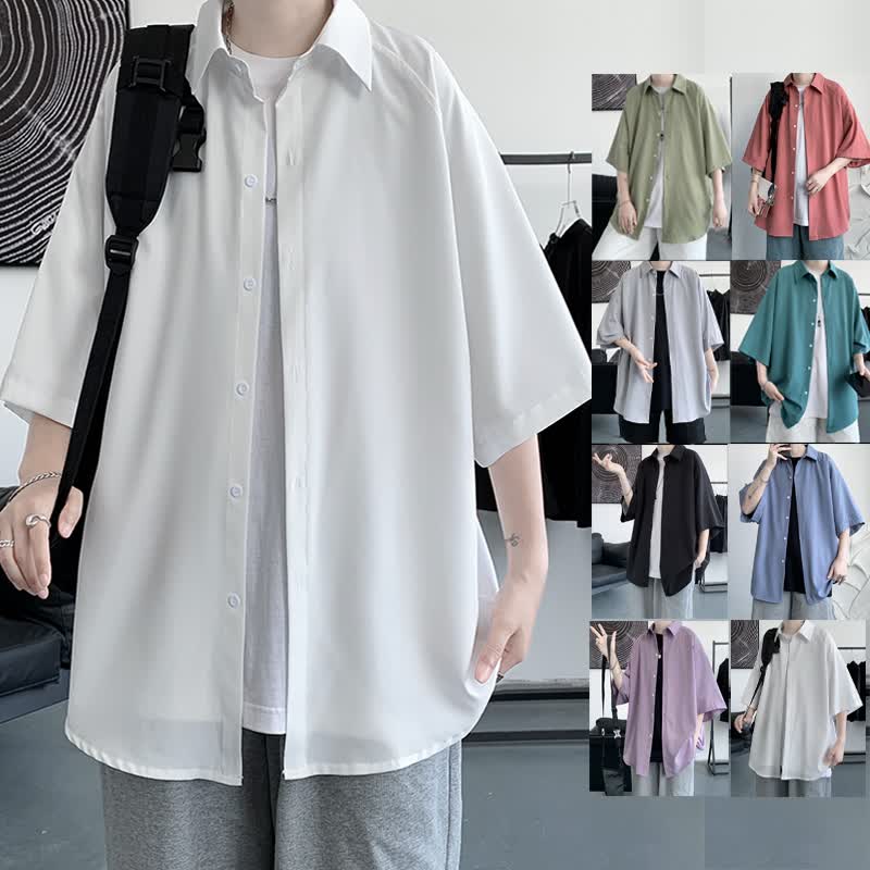 OEMG  夏季薄款短袖衬衫男女潮流垂感七分半袖高级感情侣宽松休闲外套 CS1136卡其色 XL 【建议130-145斤】