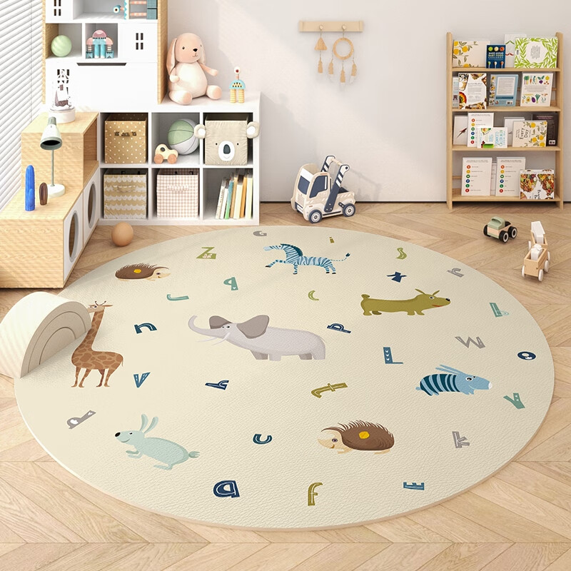 金玉铭川儿童房卡通圆形地毯客厅学习椅电脑转椅垫子卧室书房间阅读区毯子 SJR-字母动物 直径80x80cm