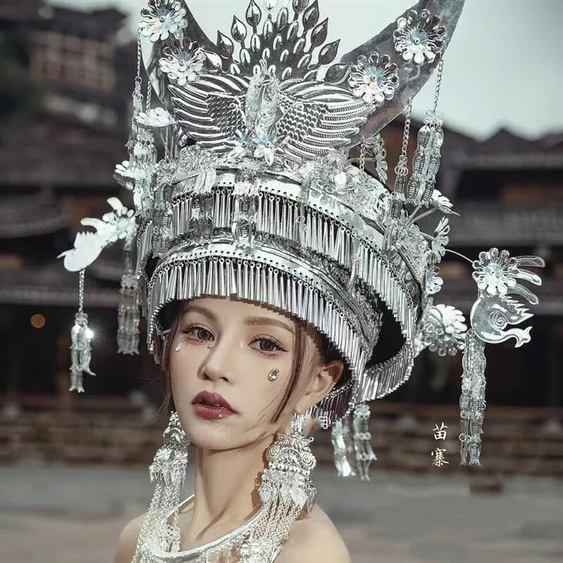 惠萃(webeauty)新款少数民族苗族银饰帽子贵州广西云南苗族特色帽子