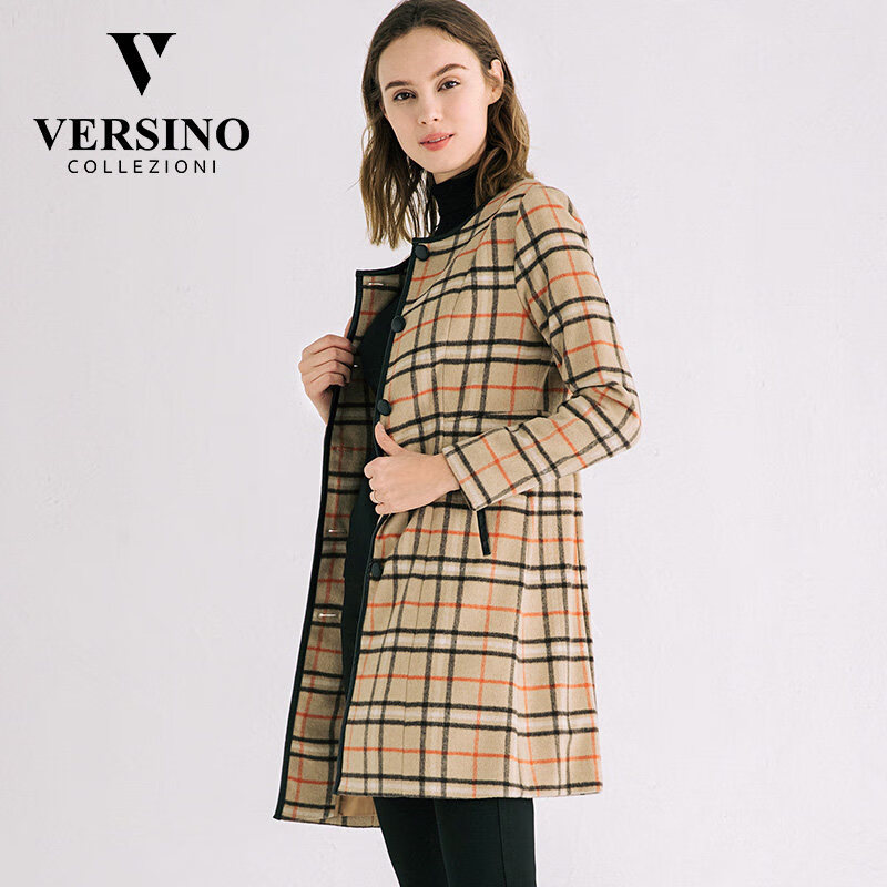versino/梵思诺女装2019秋冬款气质修身格纹圆领中长款羊毛大衣女 72a