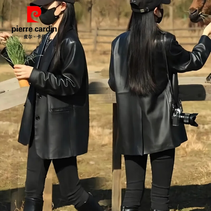 皮尔卡丹（pierre cardin）皮衣外套女中长款2023年春秋新款韩版简约时尚西装领皮夹克外套潮 黑色 S 建议102斤以下怎么看?