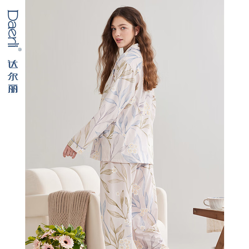 达尔丽睡衣女春秋长袖玫瑰印花大码休闲针织棉开衫国风家居服套装夏新款 T8245118-018-杏色 XL