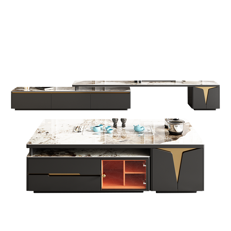 皇家公馆 茶几功夫泡茶岩板茶几茶具套装茶台一体轻奢现代多功能茶几电视柜组合 1.3米功夫伸缩茶几【进口岩板-潘多拉】 整装