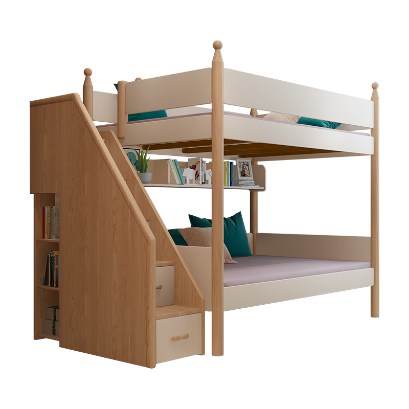 优漫佳 现代简约高低床上下铺公主床子母床上下床实木床柱男孩亲子床 升级款平行高低床+梯柜(不含书架) 下铺1.2*1.9米；上铺0.9*1.9米