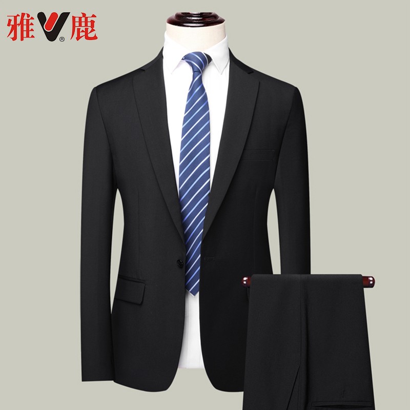 雅鹿西服套装男士四季款商务修身西装套装上班职业正装晚会婚礼服男装