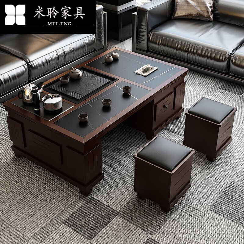 米聆2025新款岩板功夫茶几简约现代客厅实木茶具一体式上水办公茶台及 150*90白色送茶炉 整装