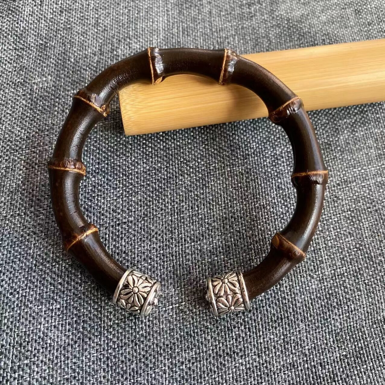 炫帕 银饰款紫竹手镯手工制作天然野生竹根手镯西藏鸡血藤热门藤 银饰