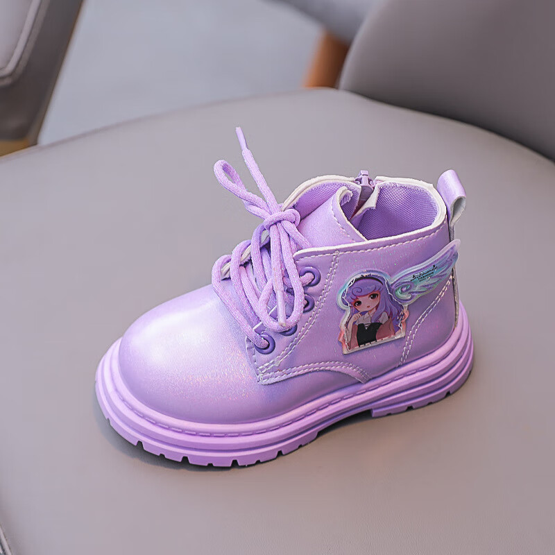 山鸥2024春秋新款女童短靴女孩靴子翅膀公主鞋马丁靴xtp 紫色 21码内