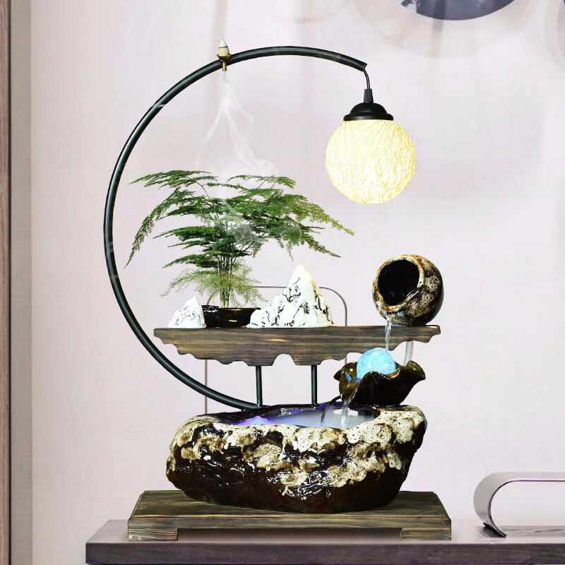 新中式流水喷泉摆件创意客厅办公室内装饰陶瓷乔迁开业礼品养鱼池 四