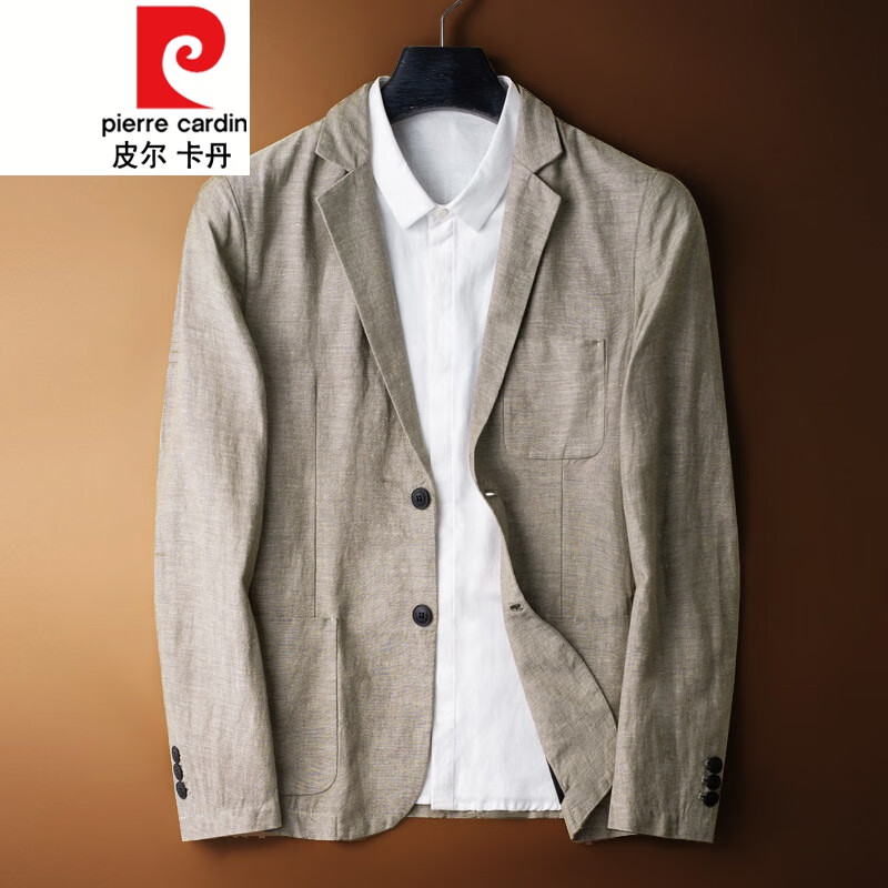 皮爾卡丹春季新款棉麻西服男薄款青年韓版修身潮流便裝單西亞麻小西裝外套針織 HX1822咖啡色西服 XL