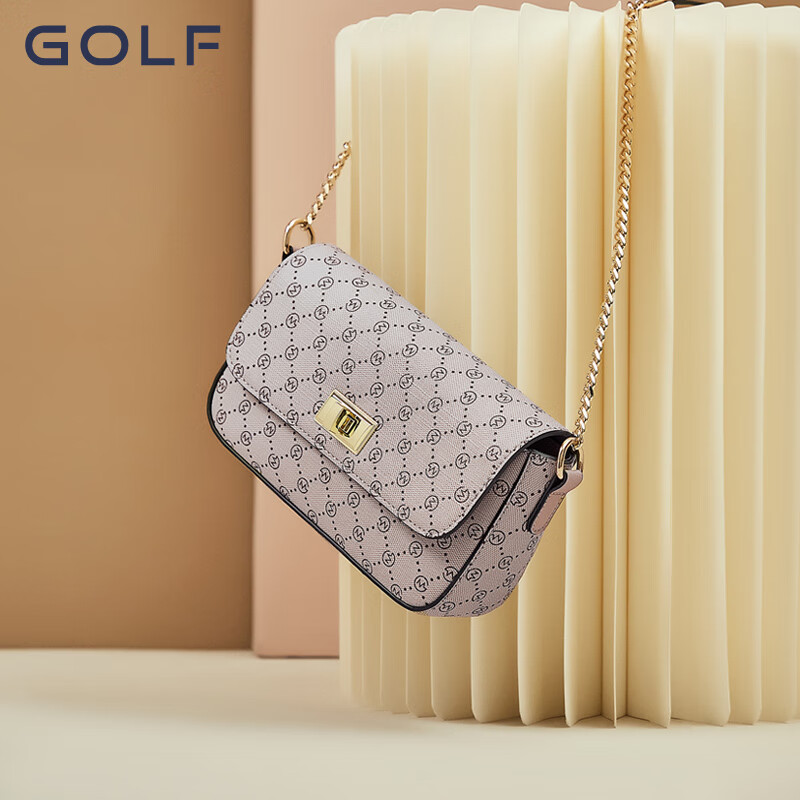 高尔夫/golf包包潮时尚印花链条小方包洋气单肩斜挎包迷你老花包 杏色