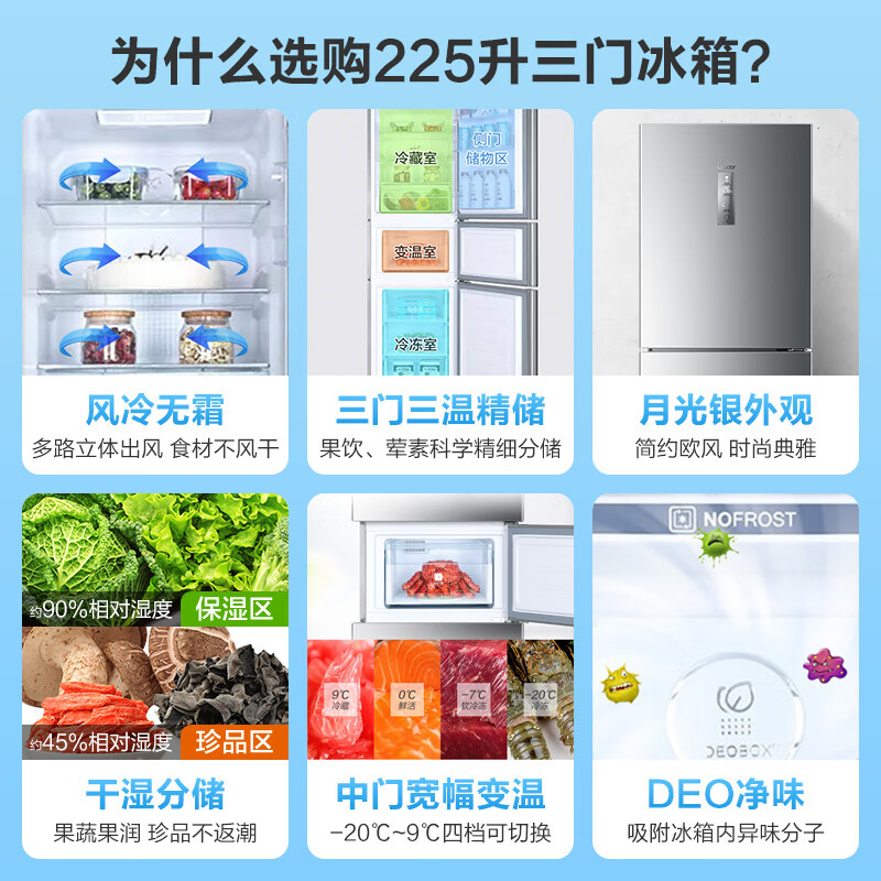 海尔（Haier）冰箱风冷无霜干湿分储净味保鲜节能家用三门冰箱纤薄机身07软冷冻宿舍租房用小型电冰箱 225升统帅系列风冷无霜电脑控温中门软冷冻