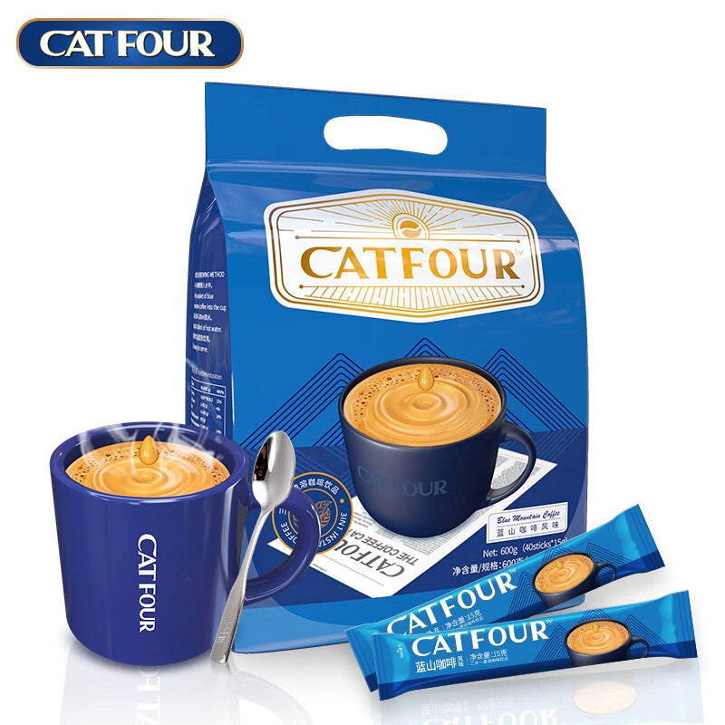 [19.9]Catfour 蓝山咖啡200条/40条风味 特浓缇神速溶三合一咖啡粉600g 冲调饮品 蓝山风味咖啡 160条买送杯+勺