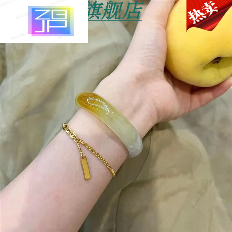 zbjp翡翠手镯黄翡玉镯女款冰糯种贵妃镯老坑翡翠鸡油黄送礼 53号
