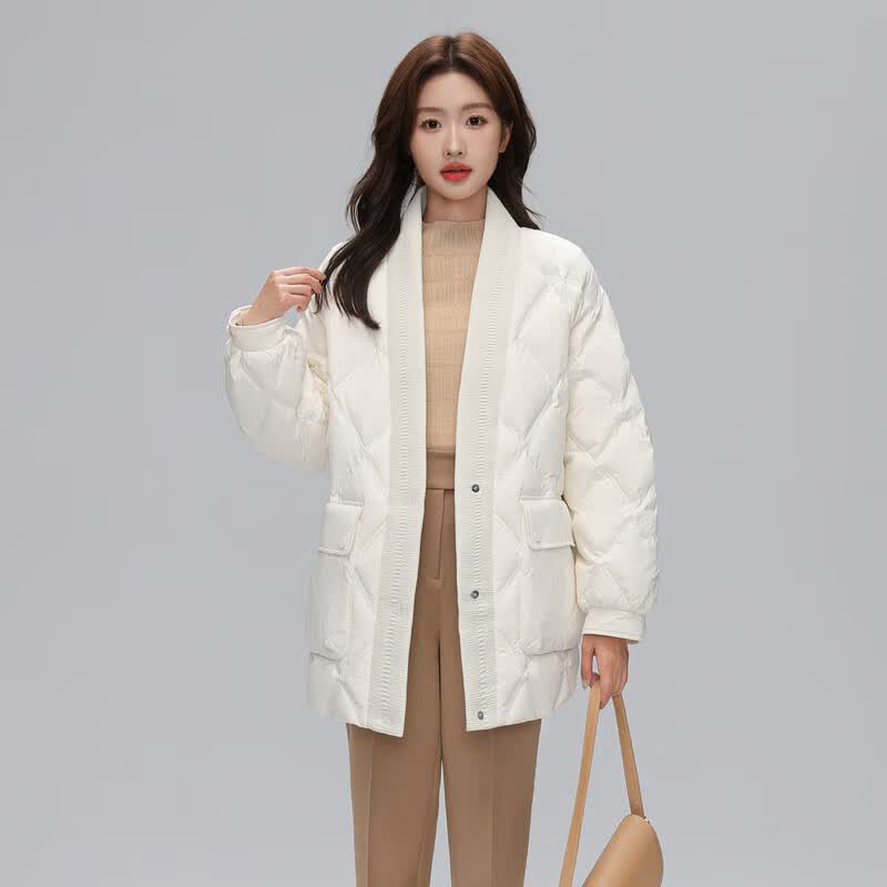 雪中飞秋冬时尚休闲大V领锁绒菱格绗线【反季清仓】】女士短款羽绒服 白色 S 160/84A