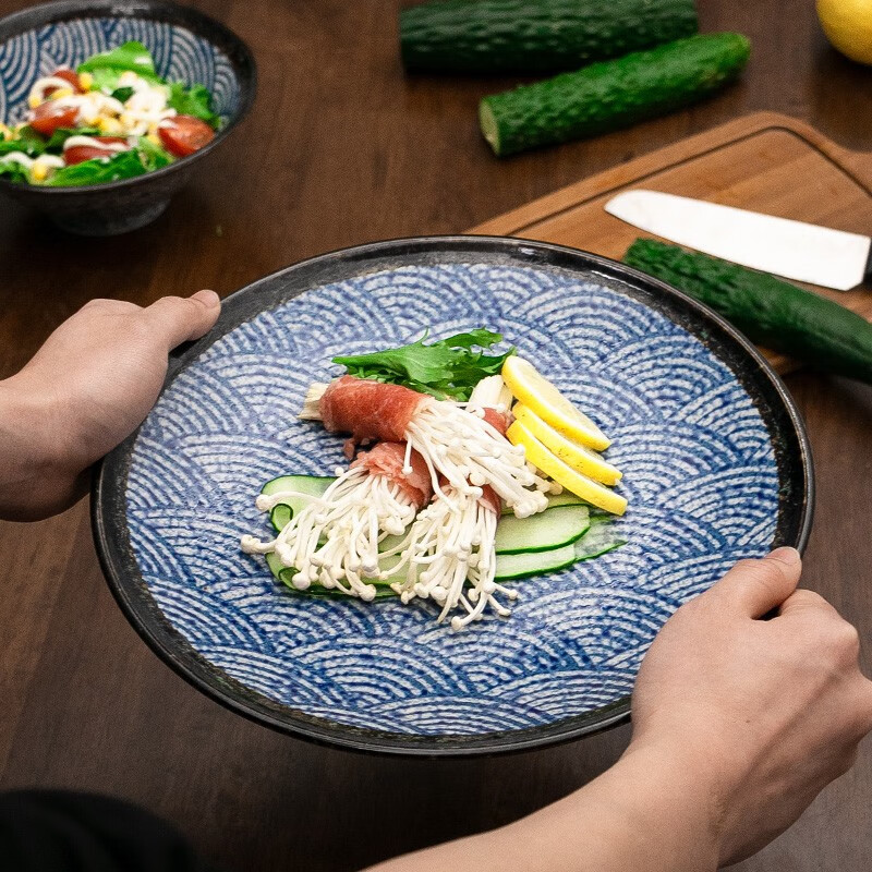 美浓烧日式精美 实用餐具大号家用陶瓷海波纹