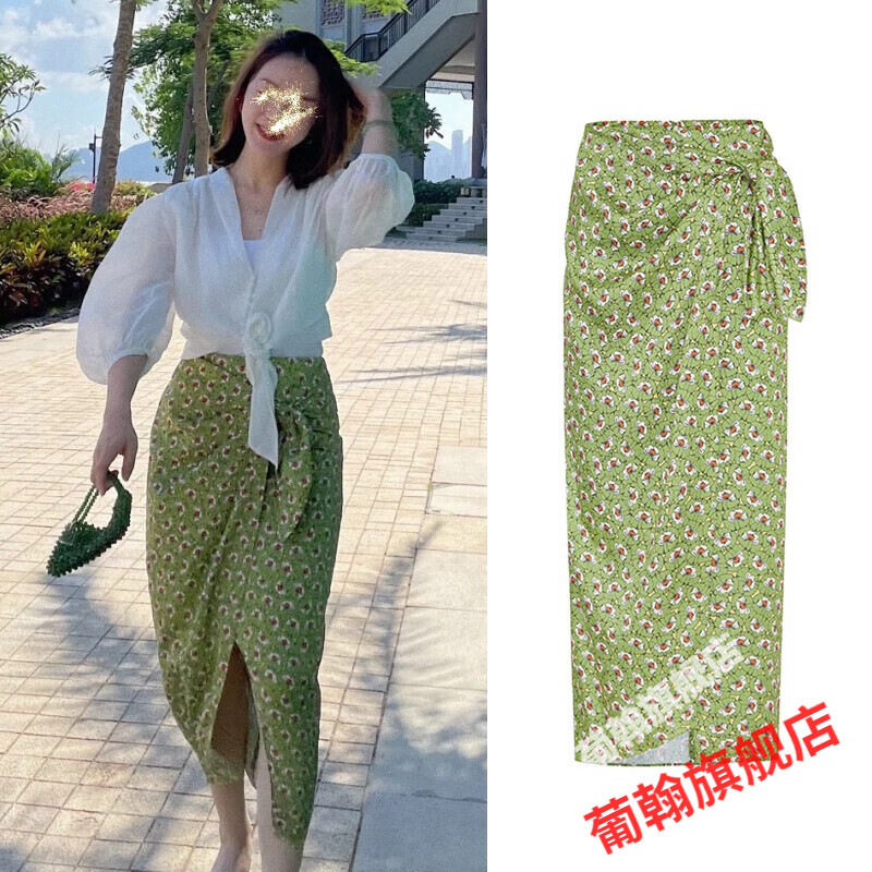 一片式半身裙 薄荷绿色一片式绑带碎花半身裙夏围裹半裙气质开叉包臀