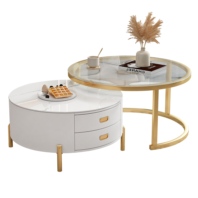 雅美乐 小圆茶几 简约北欧小户型客厅茶几桌伸缩组合现代轻奢岩板钢化玻璃木抽屉钢架茶桌 白色 YCJS111