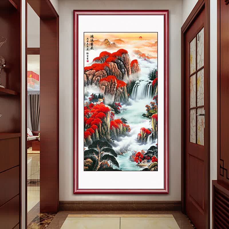 画国画鸿运当头山水画办公室字画聚宝盆靠山图招财挂 鸿运当头-实木框