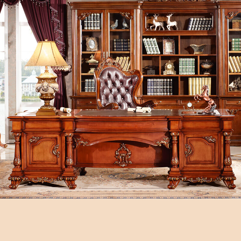 美式实木书桌办公桌3米奢华高端家用简约欧式复古老板书房大班台 1800