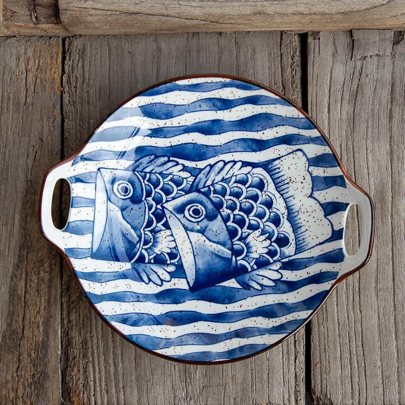 和风四季 日式鲤鱼陶瓷餐具釉下彩盘双耳长盘方便环保 波纹鱼9英寸