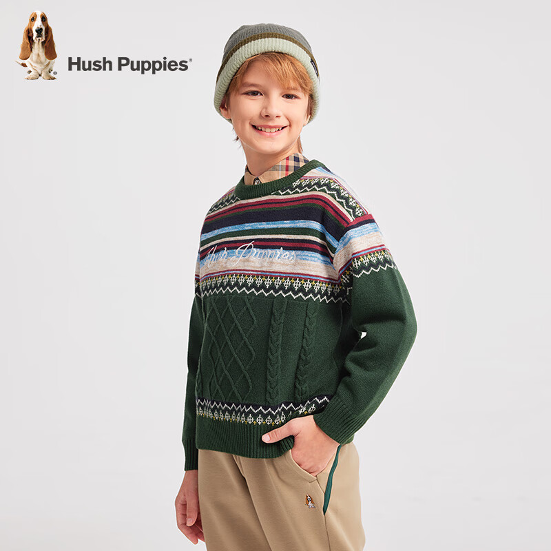 暇步士（Hush Puppies）【圣诞系列】童装儿童男女童冬季舒适透气时尚氛围感线衣 藏翠绿 160 cm