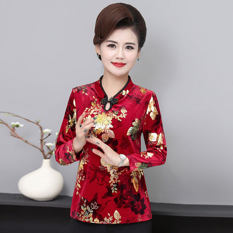 元乐申妈妈春秋装打底衫中年唐装旗袍领上衣中老年女装长袖t恤洋气