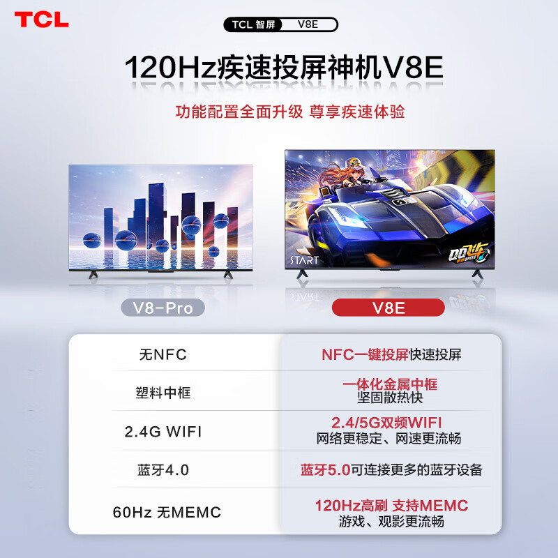 TCL电视 75V8E 75英寸 4K超清120Hz防抖 130%色域智能超薄全面屏 液晶平板电视机 2+32G 双频WiFi 以旧换新