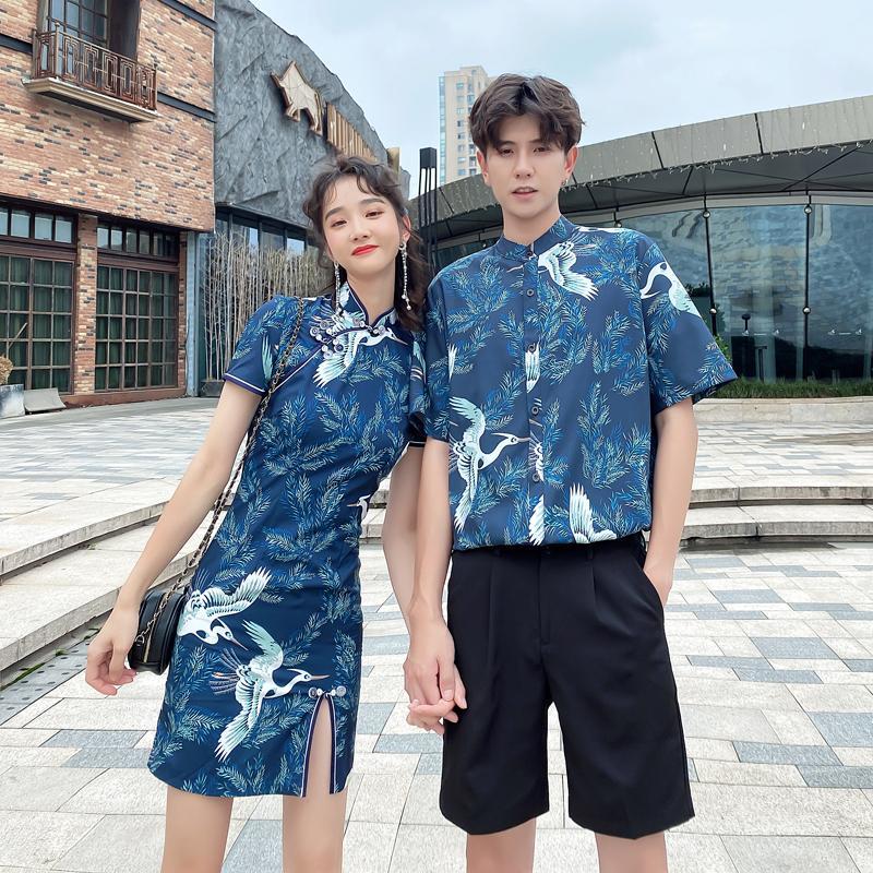 复古旗袍情侣夏季中国风新款女连衣裙感韩版收腰显瘦你衣我裙 女短袖