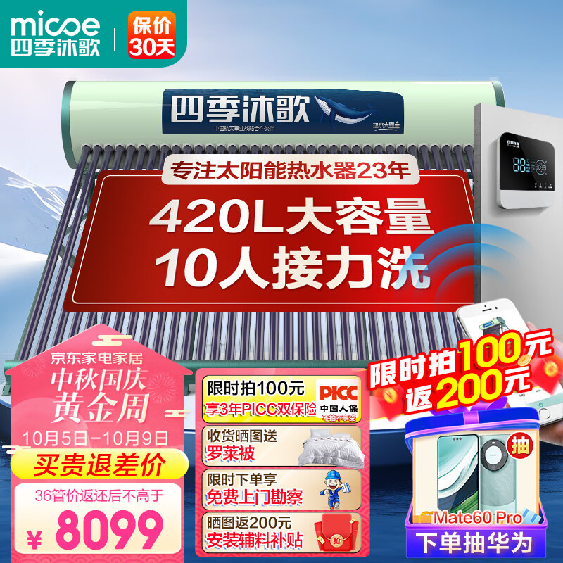 四季沐歌（MICOE）大霸王WiFi太阳能热水器家用光电两用自动上水 预约电加热 远程监控 别墅大房专享大容量36管420L属于什么档次？