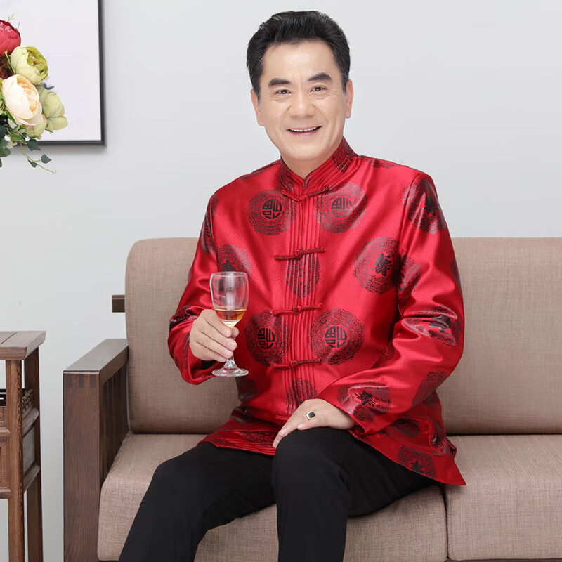 拾福男装唐装中老年春秋款情侣款80大寿老人生日爷爷奶奶外套中式套装 寿-酒红冬款+黑裤套装 4XL 女款(144-160斤)