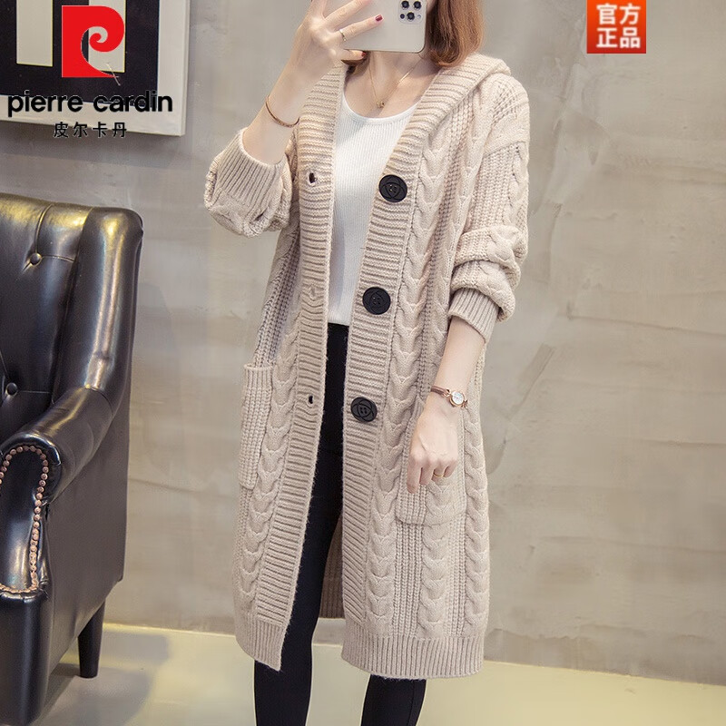 麻花加厚粗毛线连帽中长款麻花针织衫开衫女春秋外搭粗针毛衣外套 米