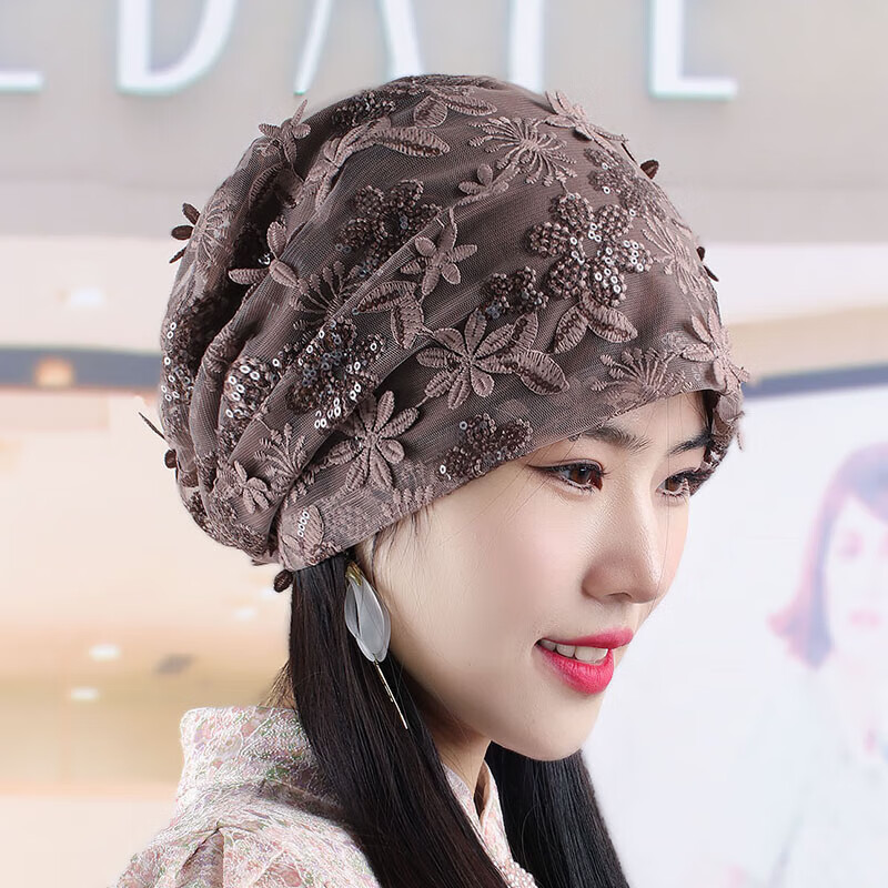花九卿女士遮白发的帽子立体贴花头巾帽女春夏薄款网纱华丽堆堆帽 紫