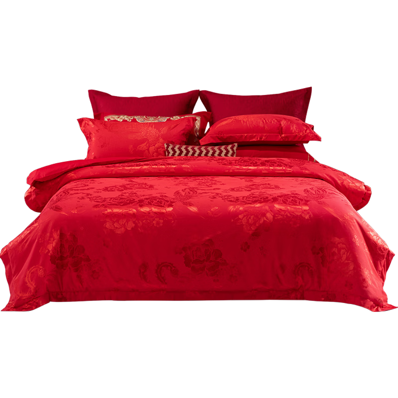 水星家紡結(jié)婚床上四件套牡丹大提花紅色婚慶床單被套新婚禮物1.5m家居館