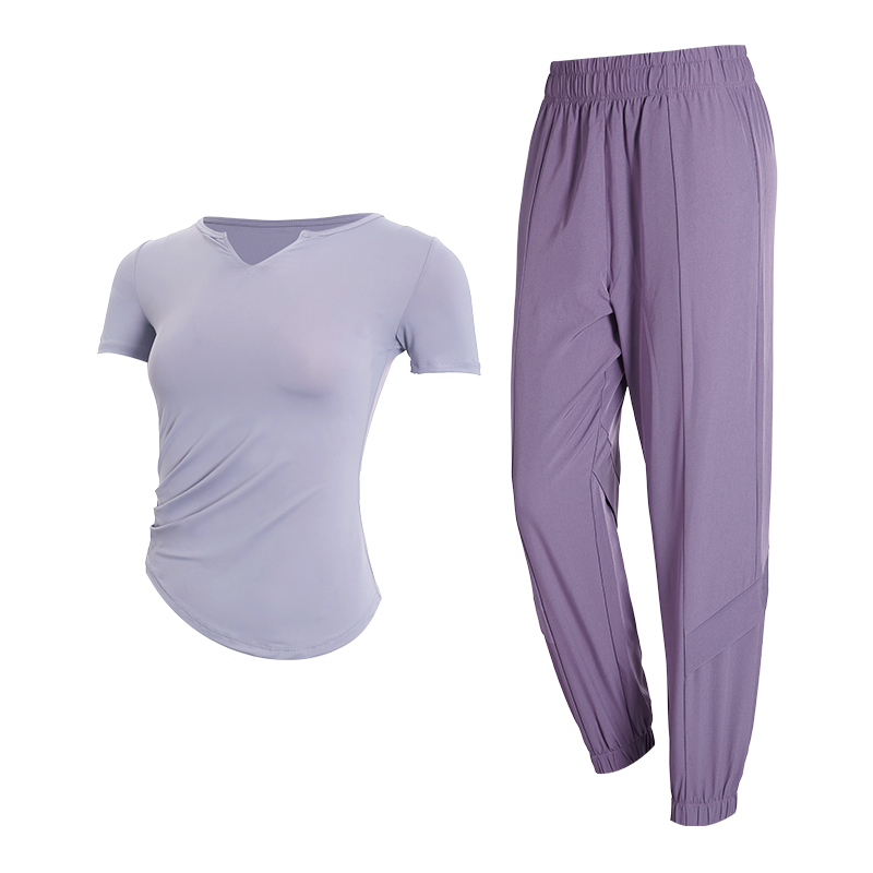 范斯蒂克運(yùn)動(dòng)套裝女跑步服速干健身訓(xùn)練氣質(zhì)短袖瑜伽服夏季 藕紫色+紫色兩件套 TC32625 L（建議105-120斤）