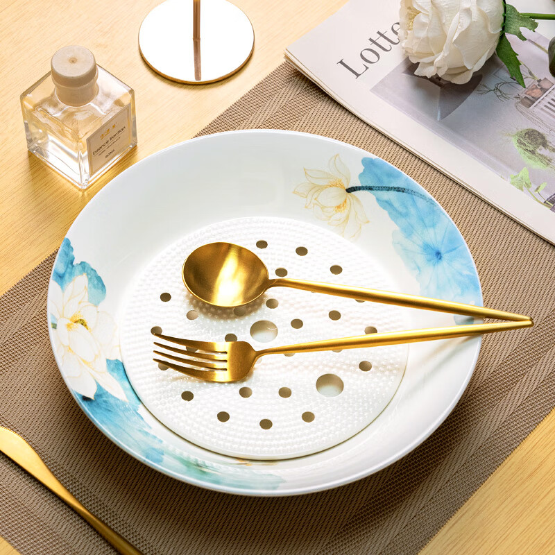 红牡丹 双层沥水饺子盘骨瓷盘子欧式家用陶瓷菜盘大号水果盘可沥水 荷和美美饺子盘 26cm 2个