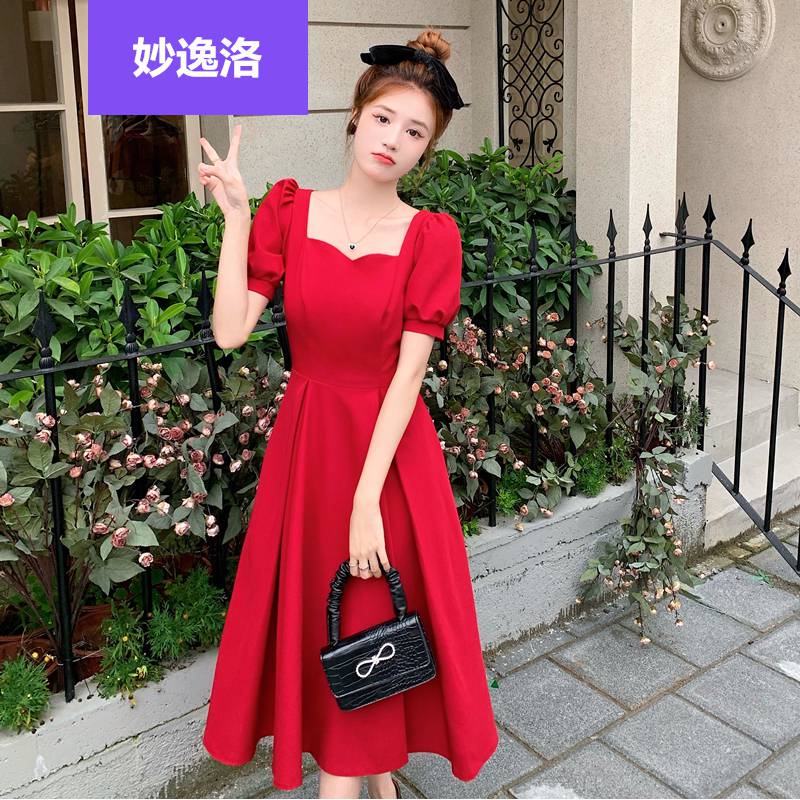 绑带方领感法式女生可甜可盐赫本风甜辣穿搭夏天衣服网红别长裙 红色