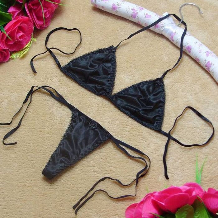 三点式比基尼文胸裤套装挂脖式性感女士绑带丁字裤女系带内裤薄 黑色
