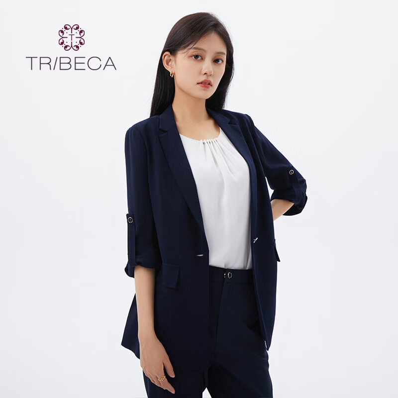 翠贝卡春季新款 休闲条纹九分袖西装外套 藏兰 160