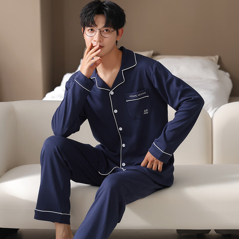 猫人男士睡衣男纯棉翻领开衫长袖睡衣男休闲可外家居服套装女 男款深蓝 2XL