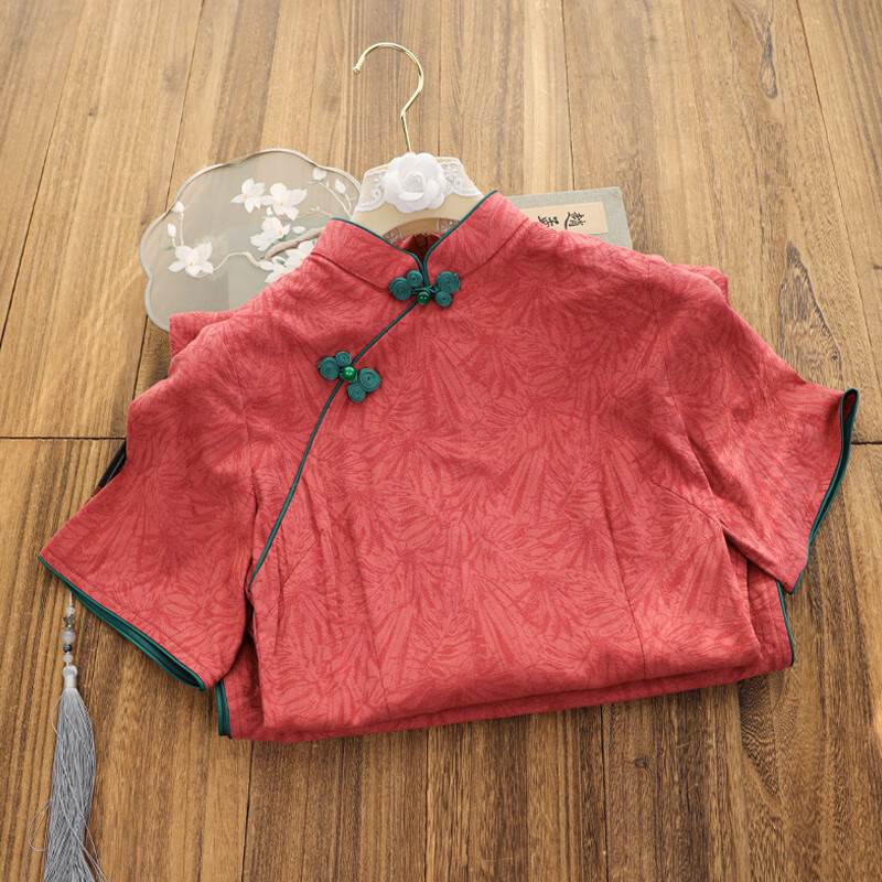 俏娘鱼复古风红色棉麻短袖旗袍2024年春季新款日常可穿改良年轻款 橘色（裙长115左右） XL