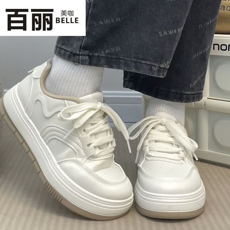 百丽美咖显脚小白鞋女2023新款ins百搭学生厚底大头休闲板鞋 米色 35