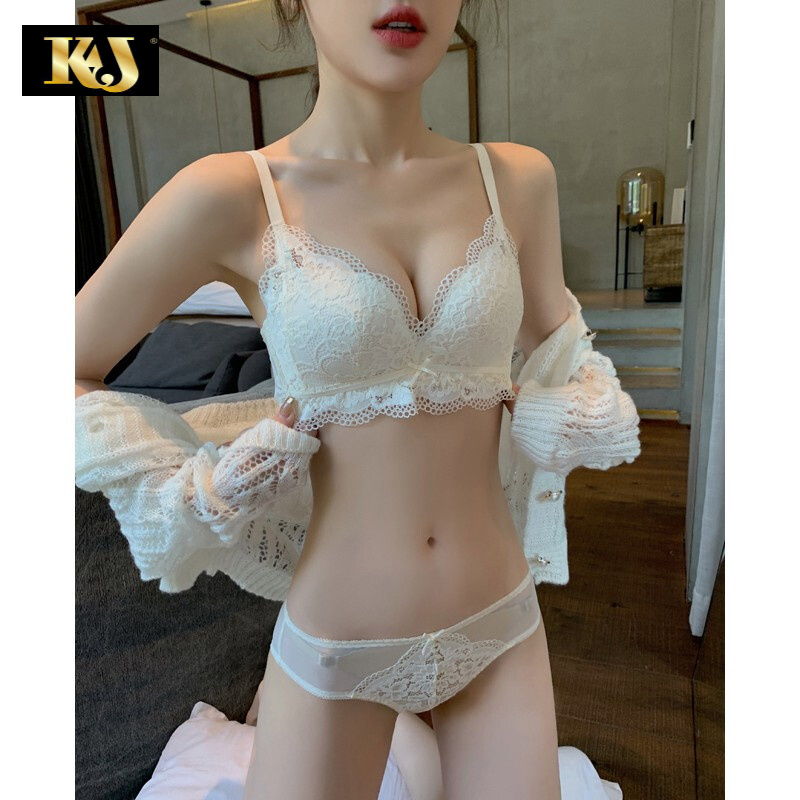 KJ内衣女无钢圈聚拢文胸性感蕾丝上托调整型文胸套装薄杯内衣套装 075神秘黑 85C =38C